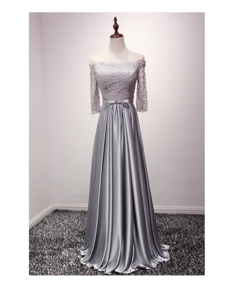 Elegant A-line Off-the-shoulder Floor-length Satin Prom Dress With Lace