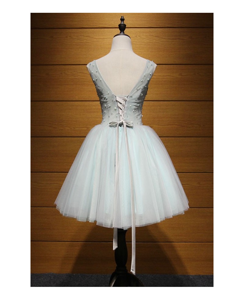 Mint Green Ball-gown V-neck Short Tulle Homecoming Dress With Beading