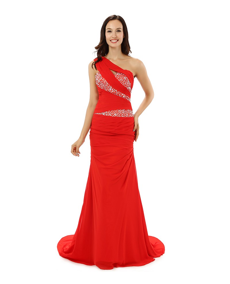 A-line One-shoulder Sweep-length Prom Dress - Click Image to Close