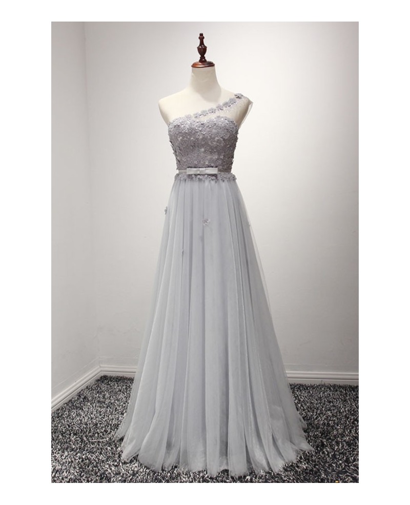 Grey A-line One-shoulder Floor-length Tulle Prom Dress With Flowers