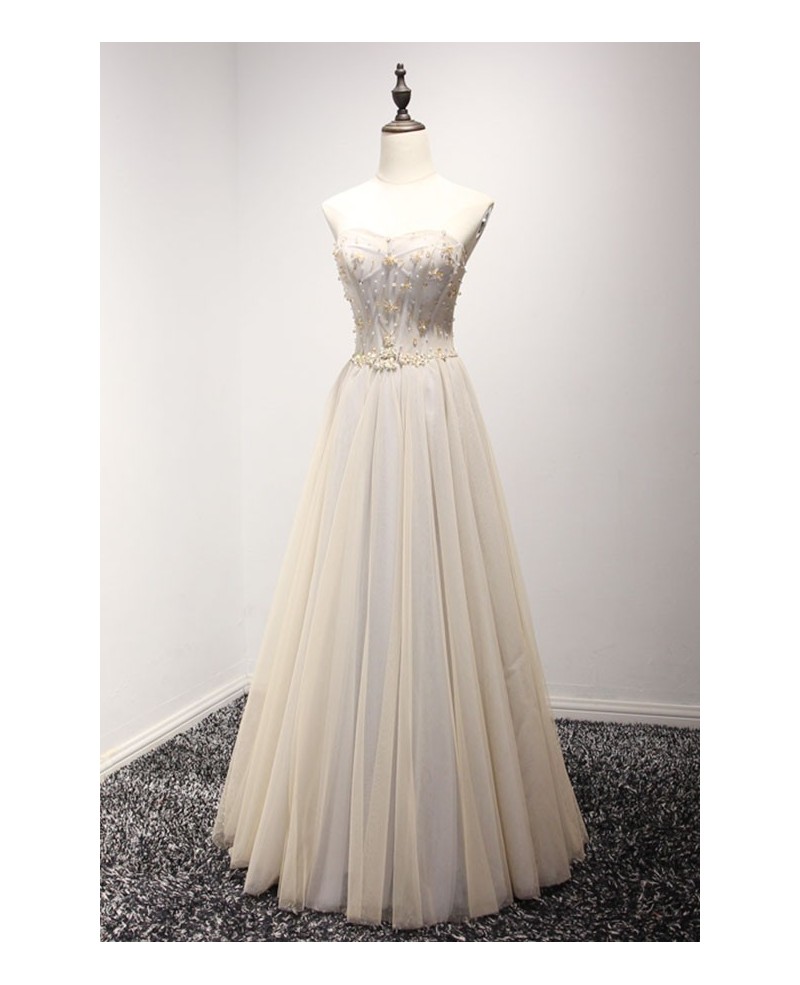 Champagne A-line Sweetheart Floor-length Tulle Prom Dress With Beading