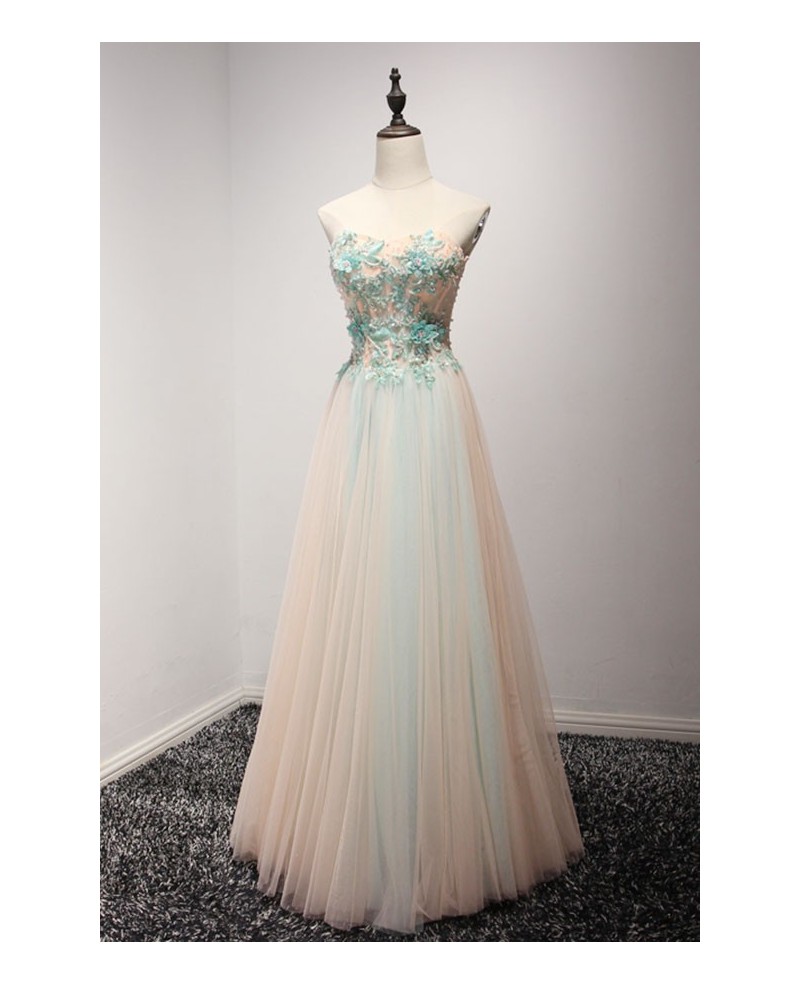 Peach A-line Sweetheart Floor-length Tulle Prom Dress With Appliques Lace