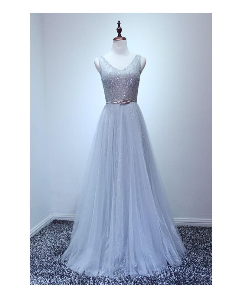 Elegant A-line V-neck Floor-length Tulle Prom Dress With Beading - Click Image to Close