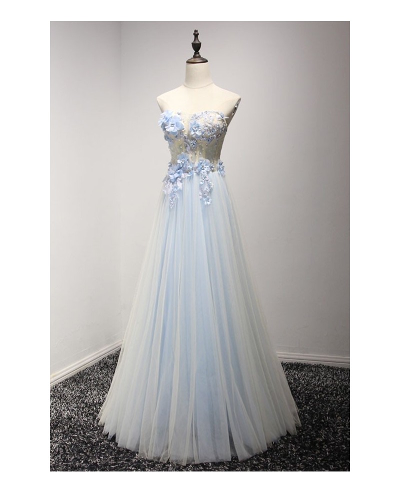 Romantic A-line Sweetheart Floor-length Tulle Prom Dress With Flowers