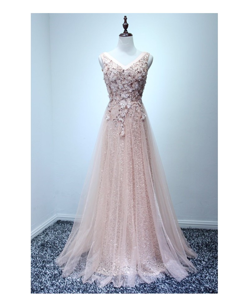 Exquisite A-line V-neck Floor-length Tulle Prom Dress With Beading - Click Image to Close