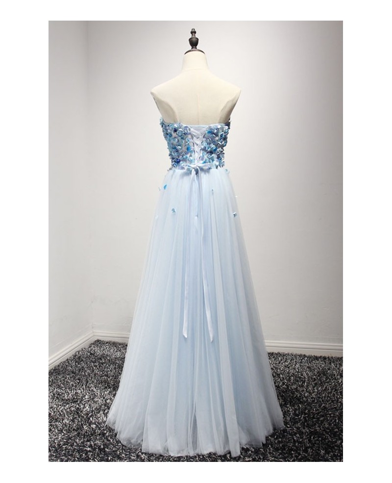 Blue A-line Sweetheart Floor-length Tulle Prom Dress With Flowers