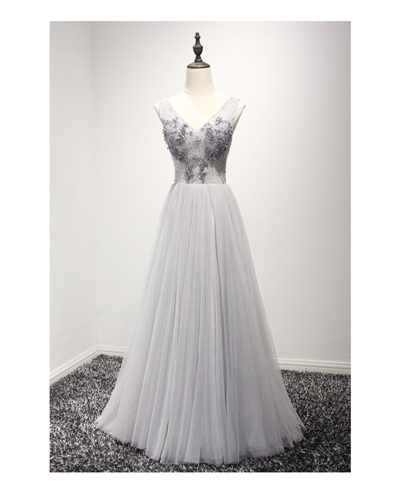 Princess A-line V-neck Floor-length Tulle Prom Dress With Beading