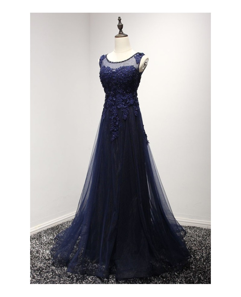 Navy A-line Scoop Neck Floor-length Tulle Prom Dress With Beading