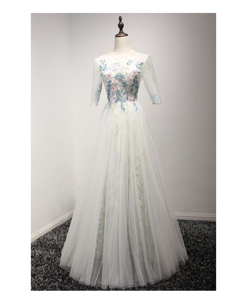 Feminine A-line Scoop Neck Floor-length Tulle Prom Dress With Beading