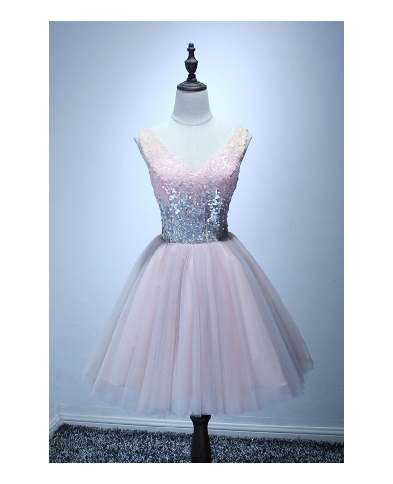 Pink Ball-gown V-neck Short Tulle Homecoming Dress With Sequins