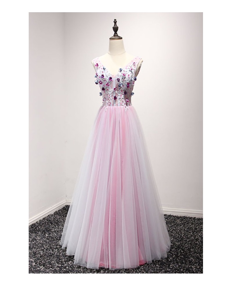 Princess A-line V-neck Floor-length Tulle Prom Dress With Flowers