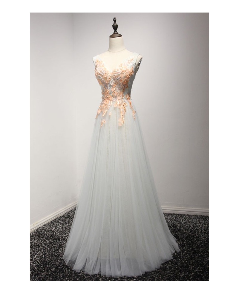 Exquisite A-line V-neck Floor-length Tulle Prom Dress With Beading