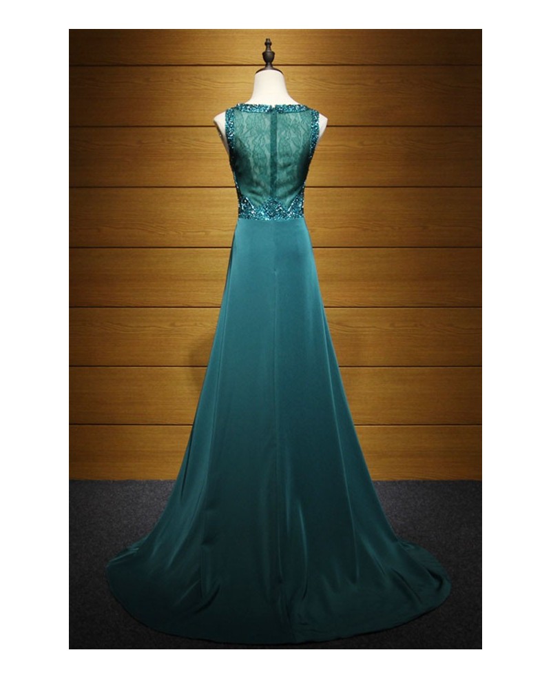 Gorgeous A-line Scoop Neck Sweep Train Satin Prom Dress With Beading - Click Image to Close