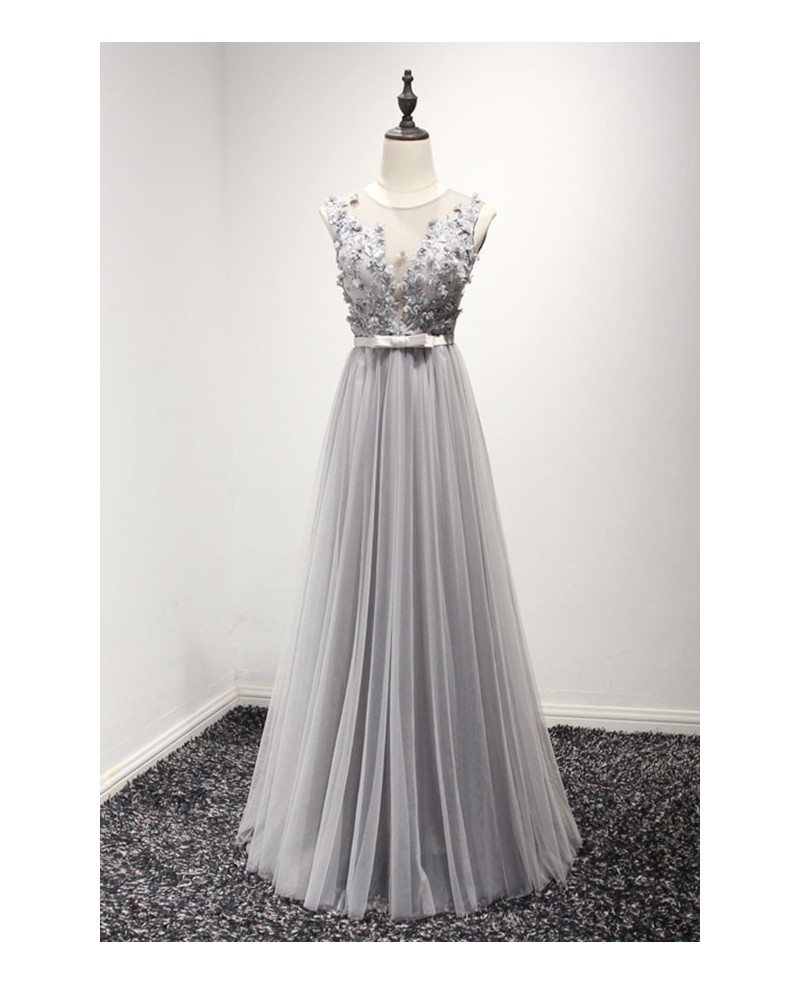 Modest A-line Scoop Neck Floor-length Tulle Prom Dress With Beading