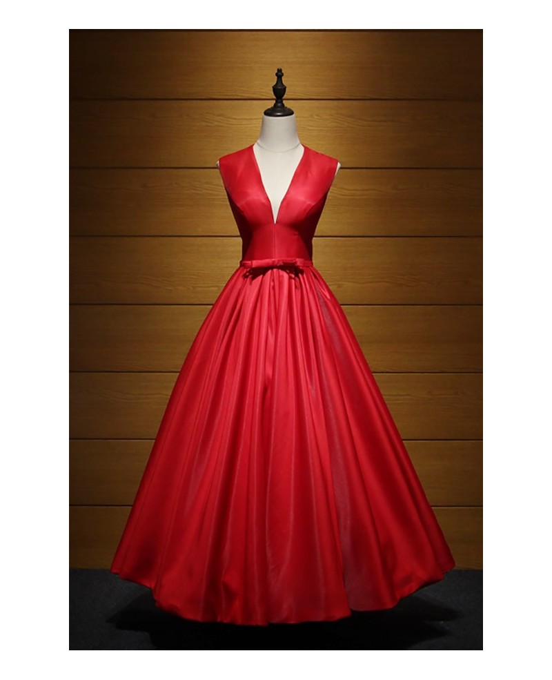 Vintage Ball-gown V-neck Ankle-length Satin Prom Dress With Open Back