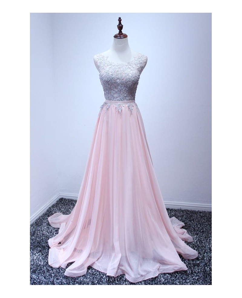 Princess A-line V-neck Sweep Train Chiffon Prom Dress With Lace