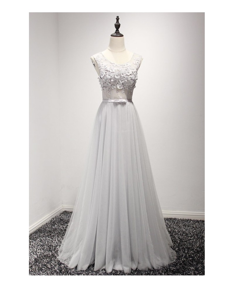 Simple A-line Scoop Neck Floor-length Tulle Prom Dress With Appliques Lace