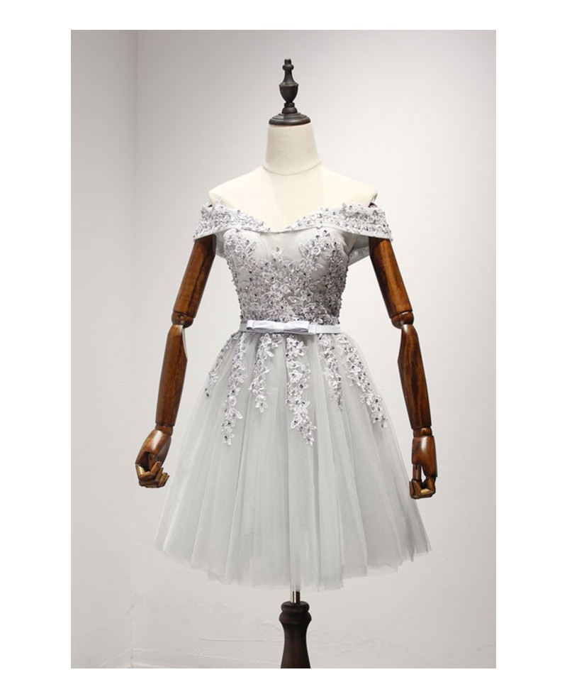 Grey A-line Off-the-shoulder Short Tulle Homecoming Dress With Appliques Lace - Click Image to Close