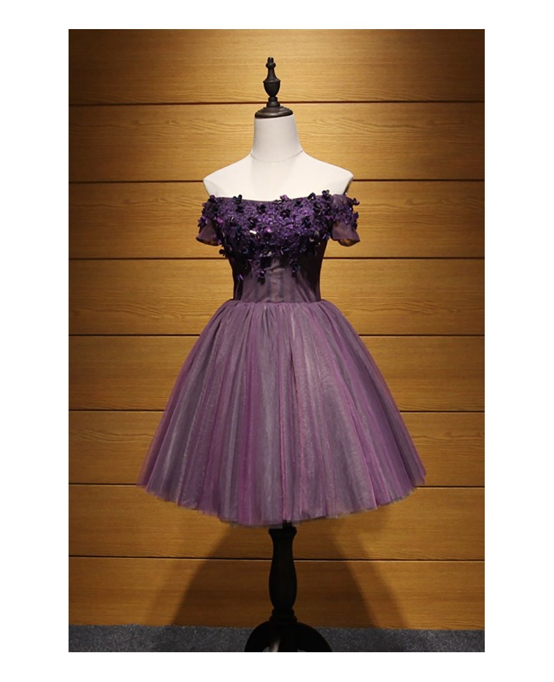 Purple Ball-gown Off-the-shoulder Short Tulle Homecoming Dress With Beading - Click Image to Close