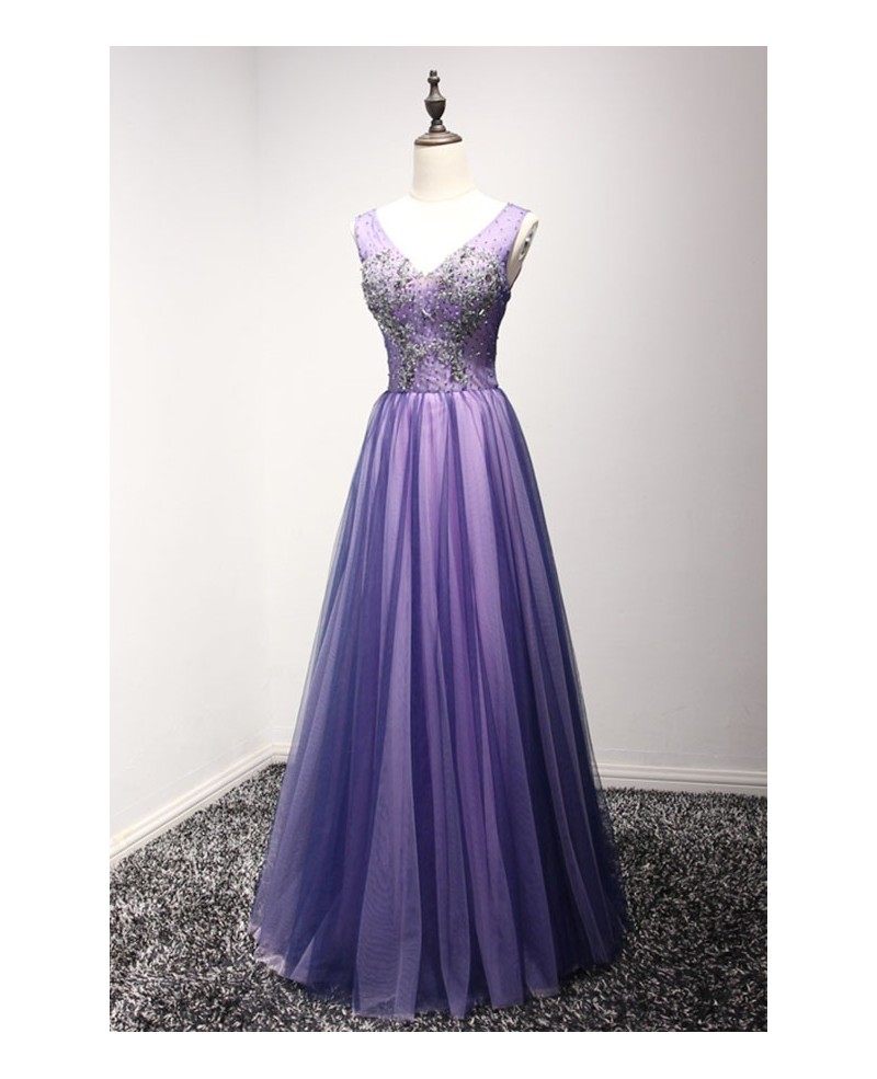 Stunning A-line V-neck Floor-length Tulle Prom Dress With Beading