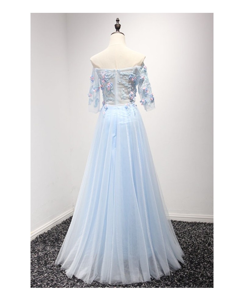 Blue A-line Off-the-shoulder Floor-length Tulle Prom Dress With Flowers