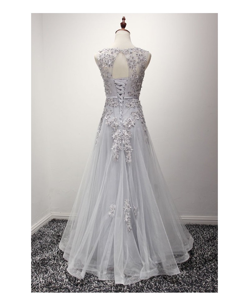 Princess A-line Scoop Neck Floor-length Tulle Prom Dress With Appliques Lace