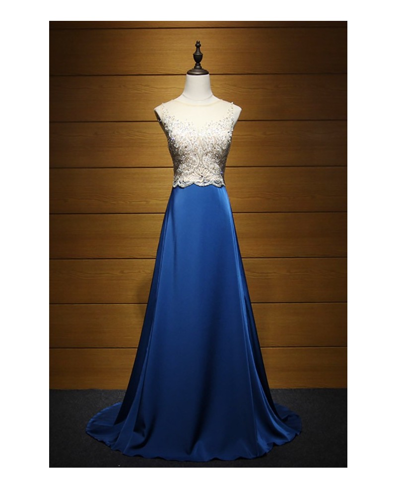 Gorgeous A-line Scoop Neck Sweep Train Satin Prom Dress With Beading - Click Image to Close