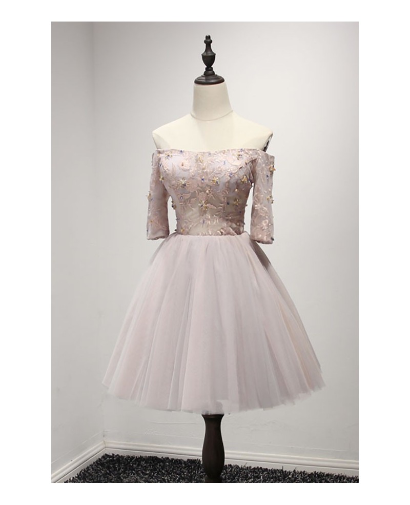 Cute Ball-gown Off-the-shoulder Short Tulle Homecoming Dress With Beading - Click Image to Close