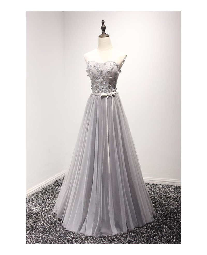 Elegant A-line Sweetheart Floor-length Tulle Prom Dress With Beading