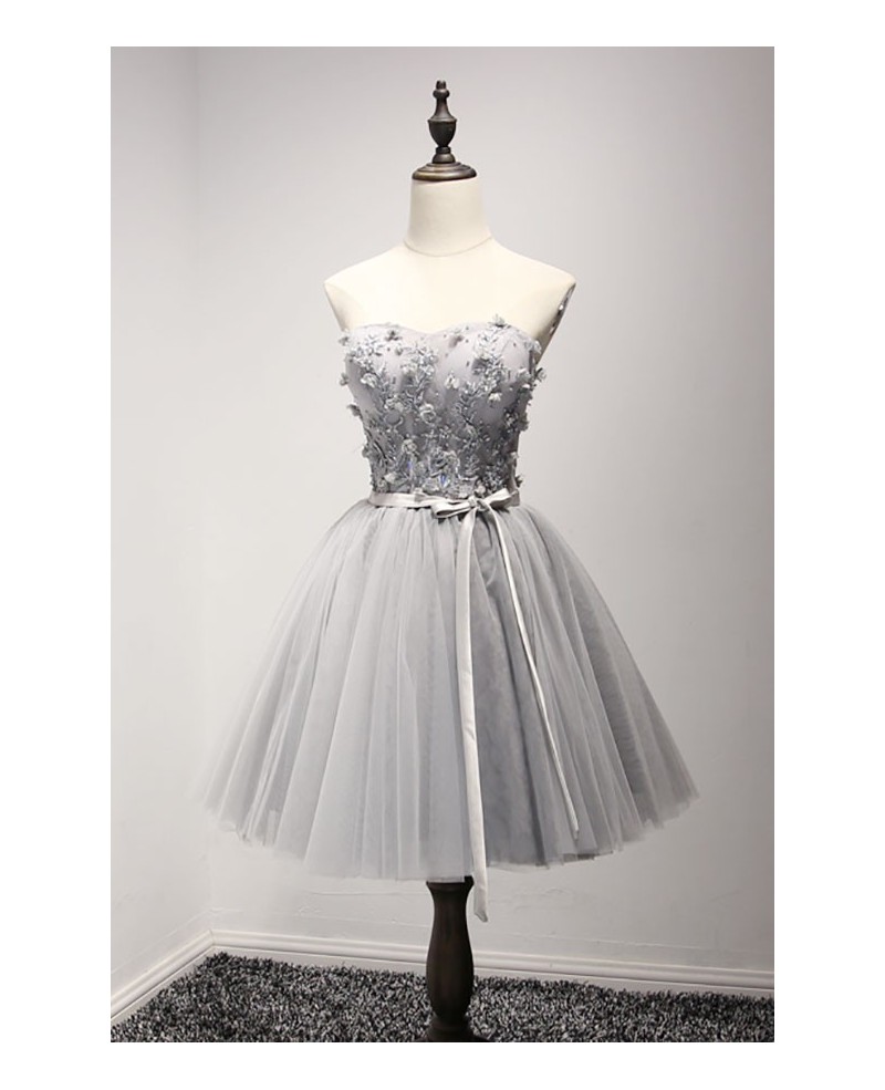 Grey Ball-gown Sweetheart Short Tulle Homecoming Dress With Beading - Click Image to Close