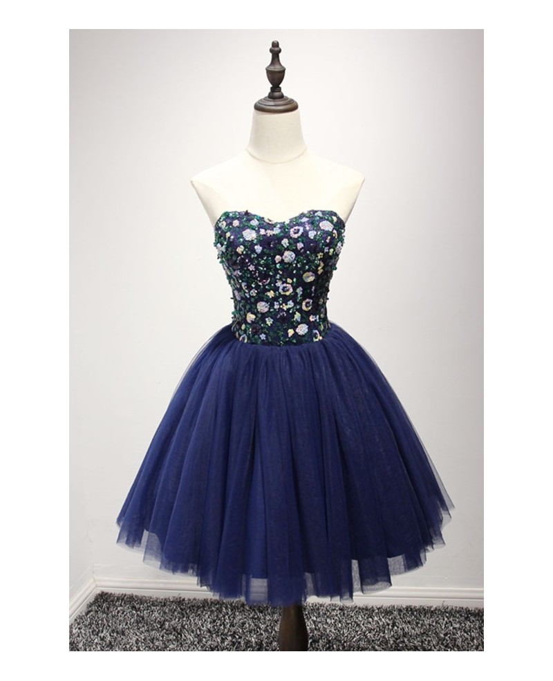 Navy Ball-gown Sweetheart Short Tulle Homecoming Dress With Beading - Click Image to Close