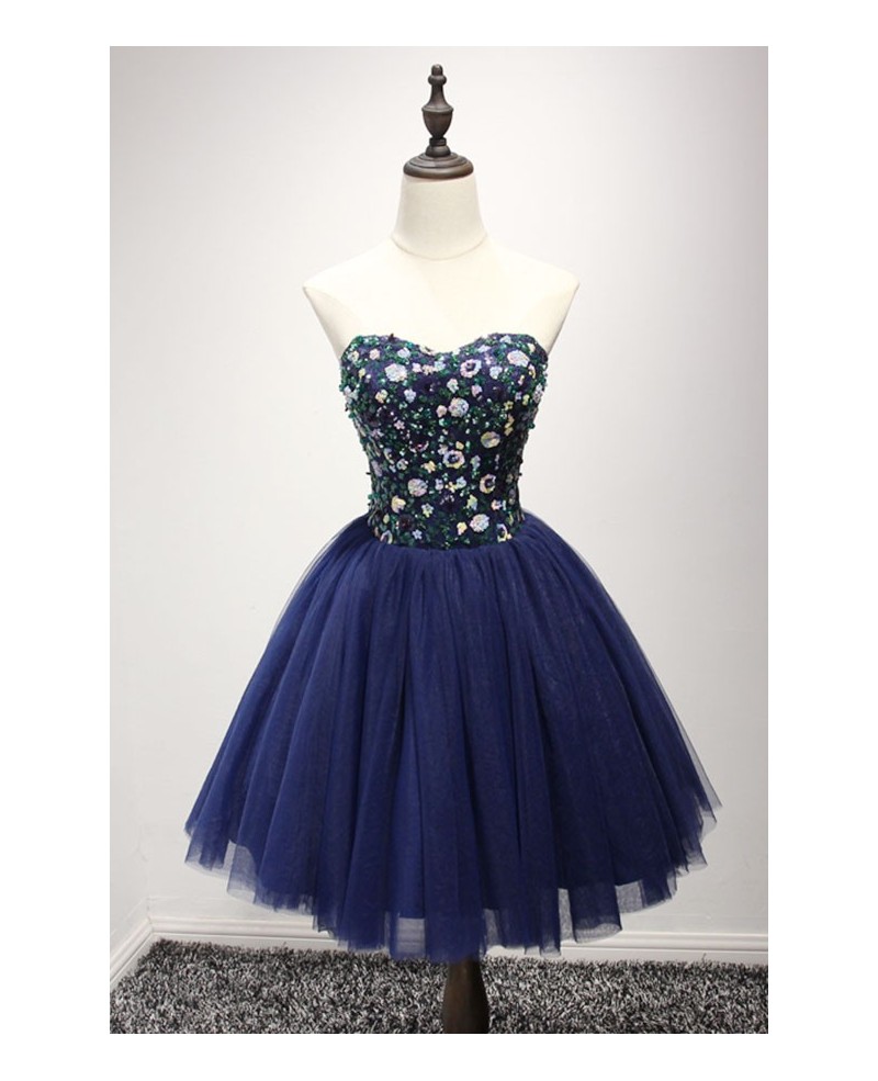 Navy Ball-gown Sweetheart Short Tulle Homecoming Dress With Beading