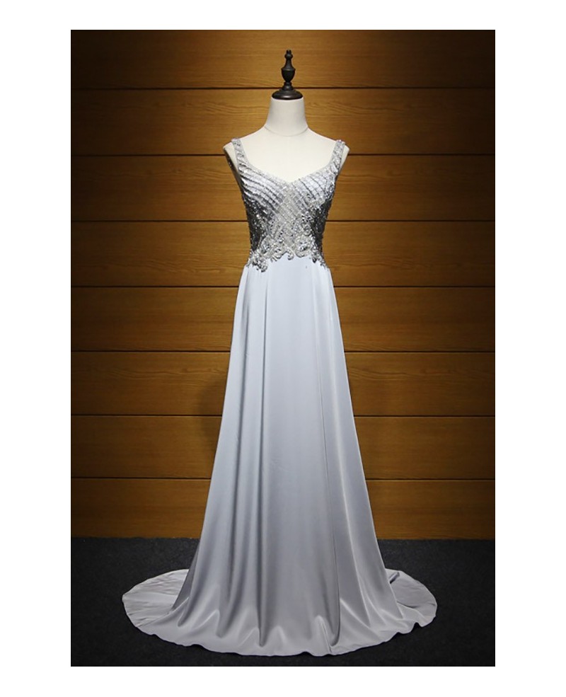 Gorgeous A-line V-neck Sweep Train Satin Chiffon Prom Dress With Beading