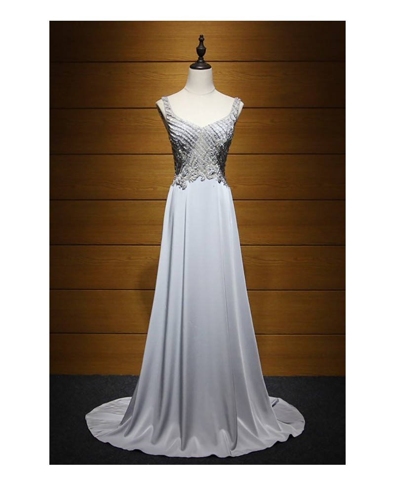 Gorgeous A-line V-neck Sweep Train Satin Chiffon Prom Dress With Beading - Click Image to Close