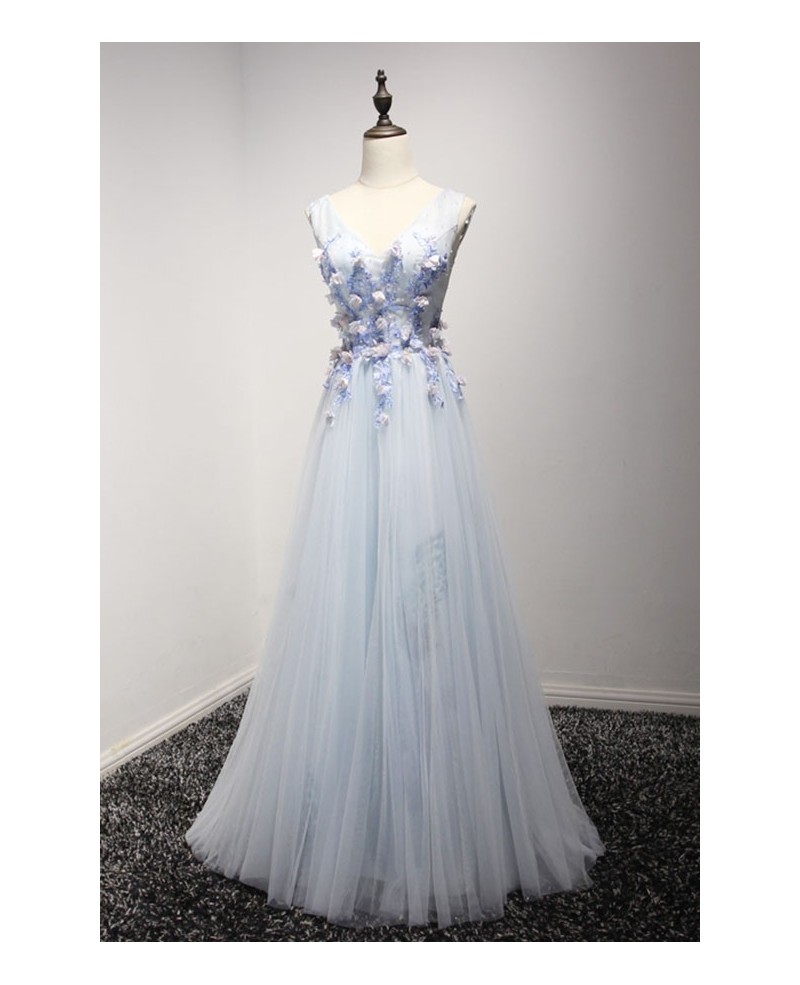 Stunning A-line V-neck Floor-length Tulle Prom Dress With Flowers