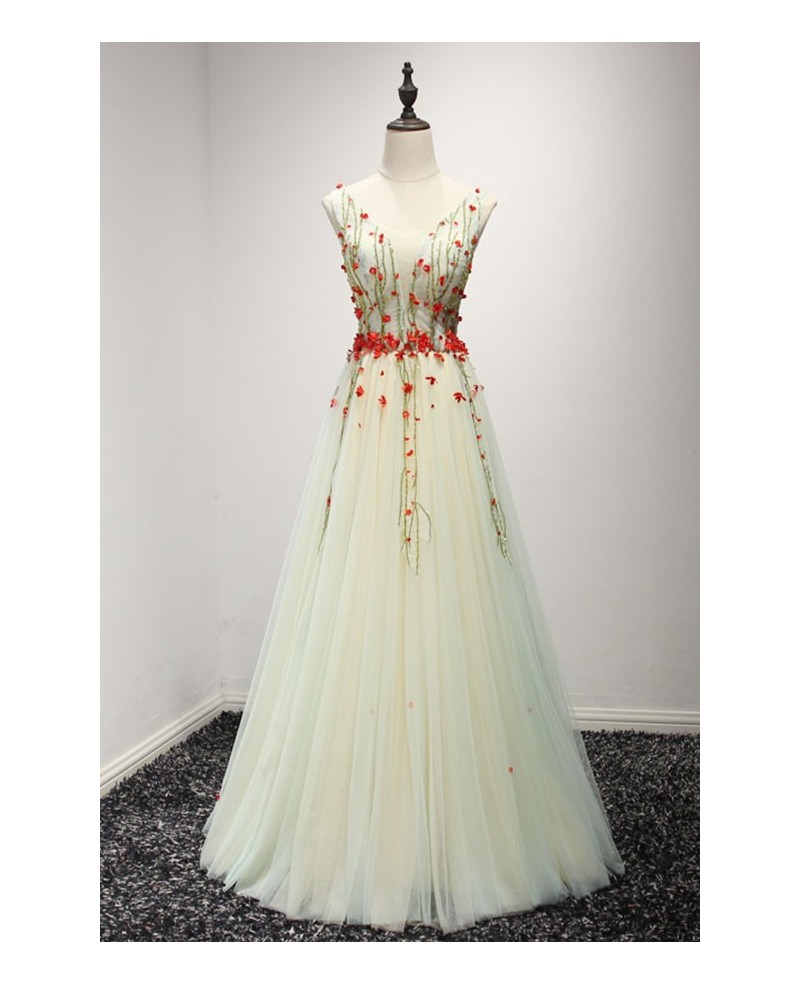 Special A-line V-neck Floor-length Tulle Prom Dress With Beading - Click Image to Close
