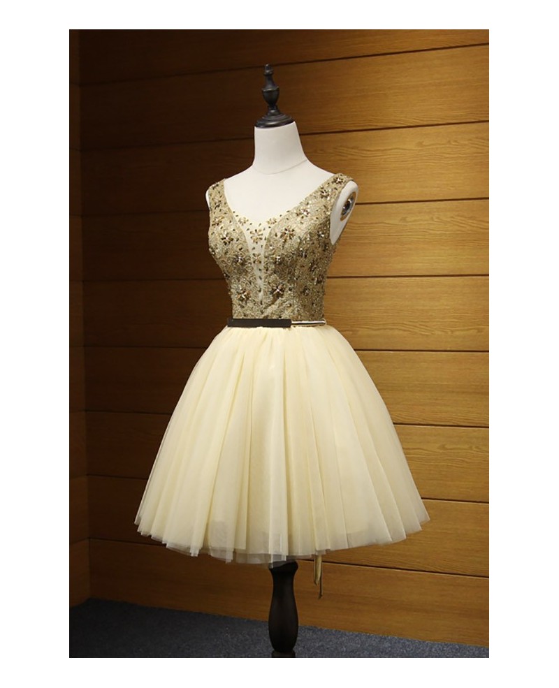 Gold Ball-gown V-neck Short Tulle Homecoming Dress With Beading