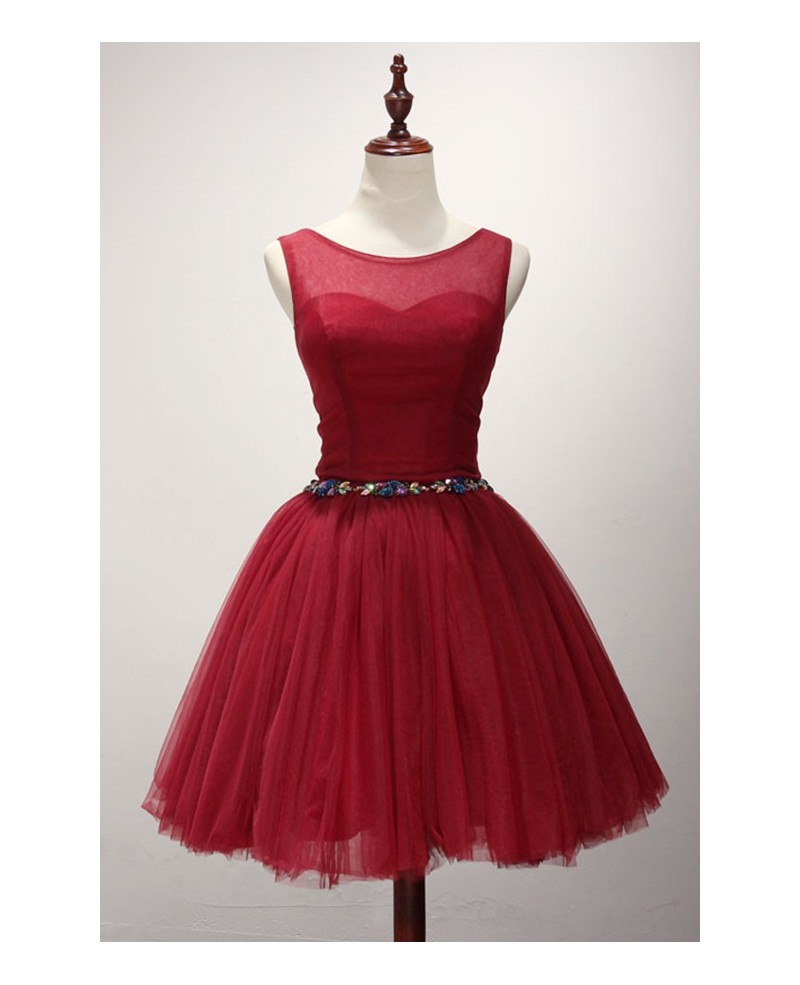 Red Ball-gown Scoop Neck Short Tulle Homecoming Dress With Beading - Click Image to Close