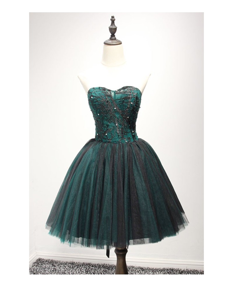 Dark Green Ball-gown Sweetheart Short Tulle Homecoming Dress With Beading