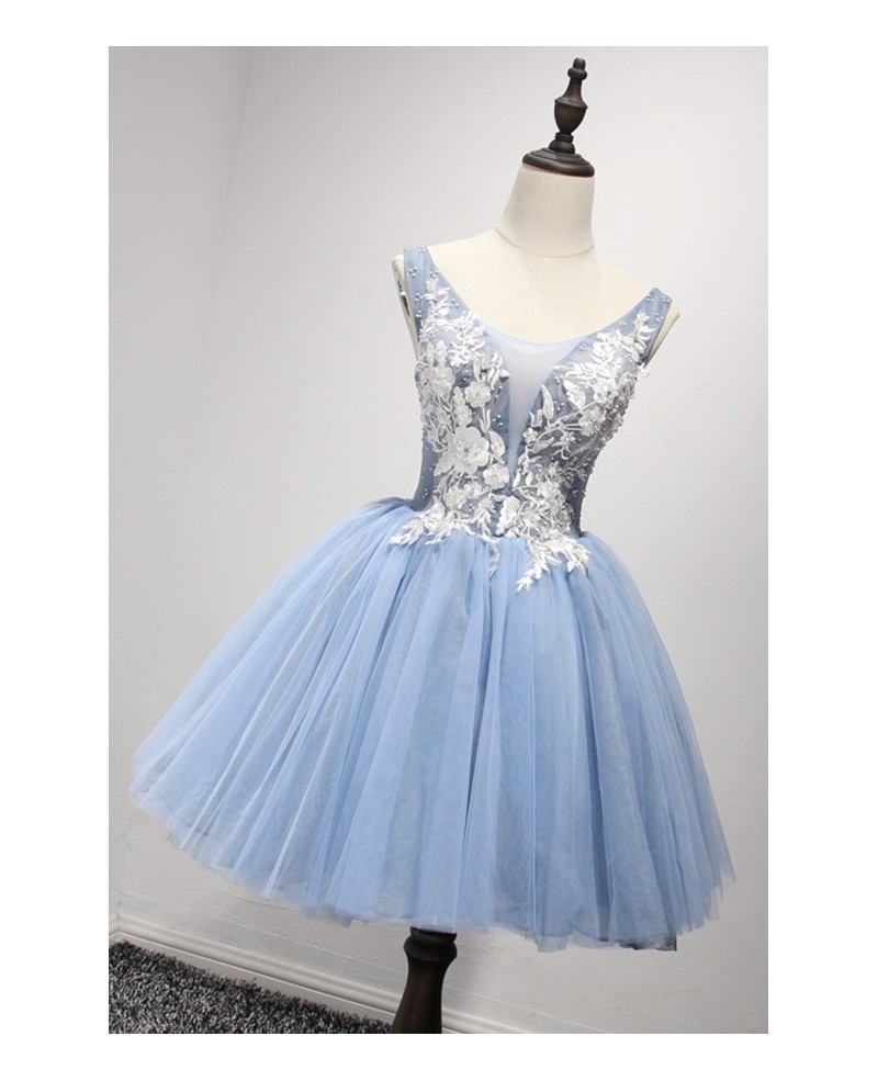 Retro Ball-gown V-neck Short Tulle Homecoming Dress With Appliques Lace - Click Image to Close