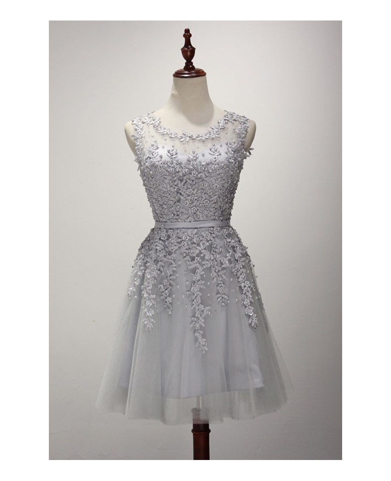 Grey A-line Scoop Neck Short Tulle Homecoming Dress With Beading - Click Image to Close