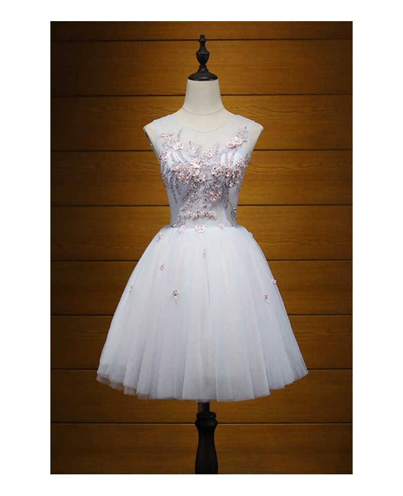 Princess A-line Scoop Neck Short Tulle Homecoming Dress With Appliques Lace