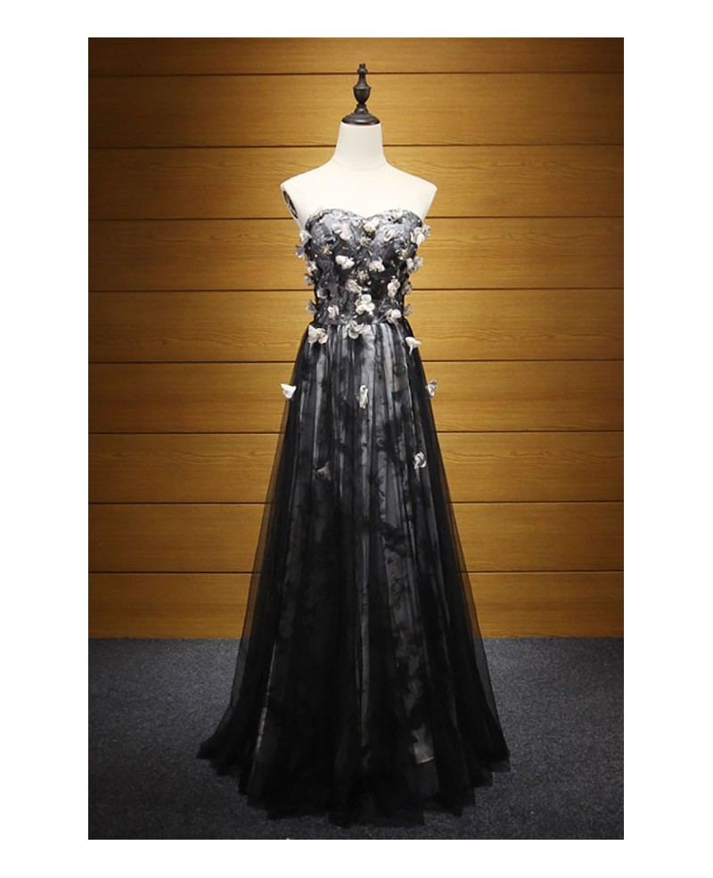 Floral A-line Sweetheart Floor-length Tulle Prom Dress With Beading