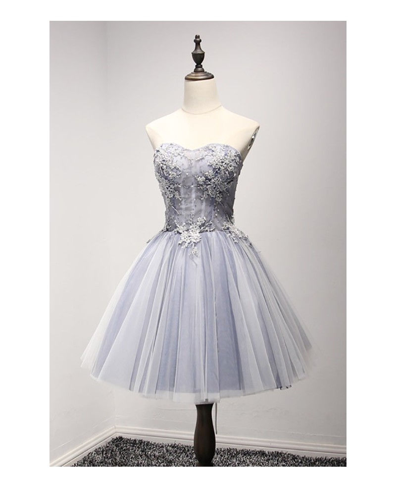 Dusty Blue Ball-gown Sweetheart Short Tulle Homecoming Dress With Beading - Click Image to Close