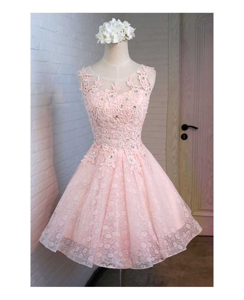 Vintage A-line Scoop Neck Short Tulle Homecoming Dress With Appliques Lace - Click Image to Close