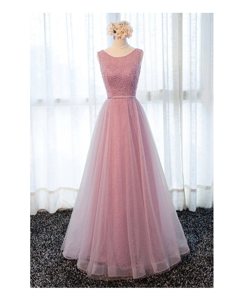 Romantic A-line Scoop Neck Floor-length Tulle Prom Dress With Beading