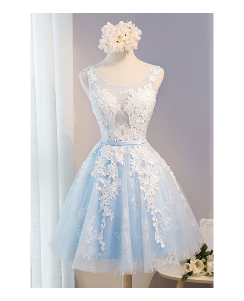 Blue A-line Scoop Neck Short Tulle Homecoming Dress With Appliques Lace - Click Image to Close