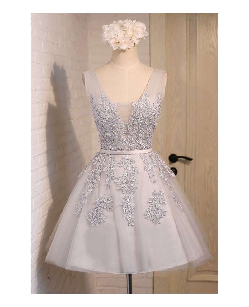 Dusty Ball-gown V-neck Short Homecoming Dress With Appliques Lace