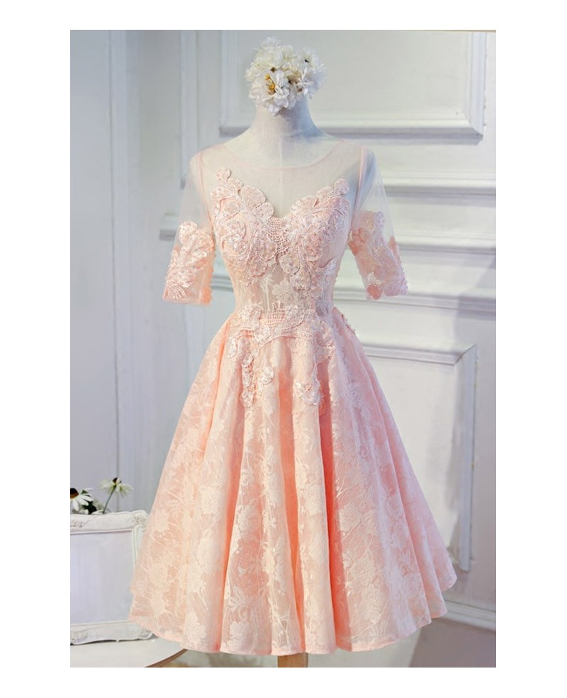Feminine A-line Scoop Neck Tea-length Tulle Homecoming Dress With Appliques Lace - Click Image to Close