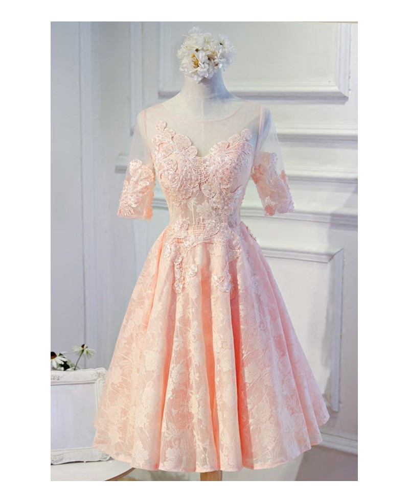 Feminine A-line Scoop Neck Tea-length Tulle Homecoming Dress With Appliques Lace